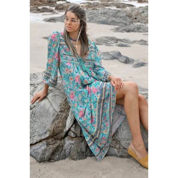 SPELL Folk Town Boho Midi Dress Turquoise Floral Long Sleeve RARE Small - Picture 5 of 16